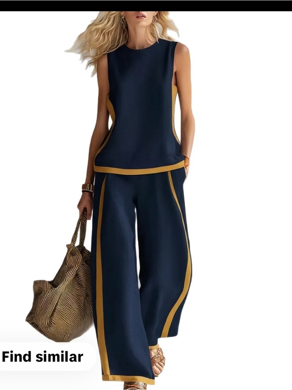 Sleeveless Navy Wide-Leg Jumpsuit with Mustard Trim